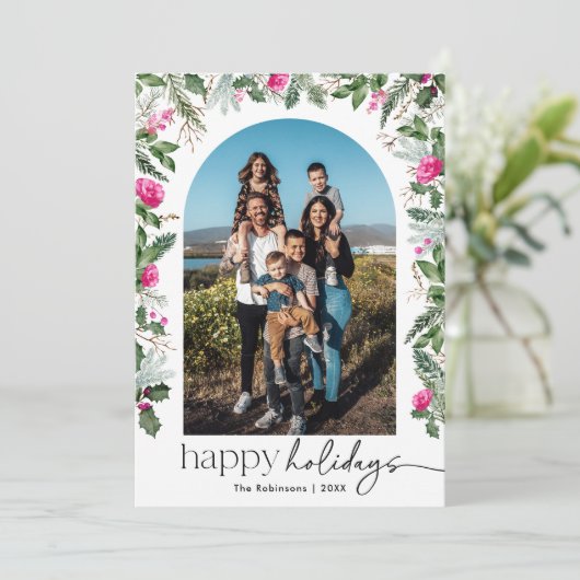 Elegant Script Roze Groene Loof Boog 1 Foto Feestdagenkaart (Staand voorkant)