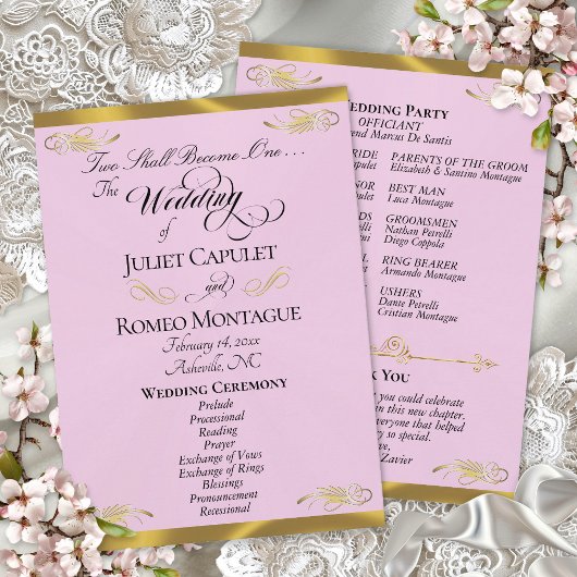 Elegant Script - Roze Parel/Gouden Bruiloft Programmakaart