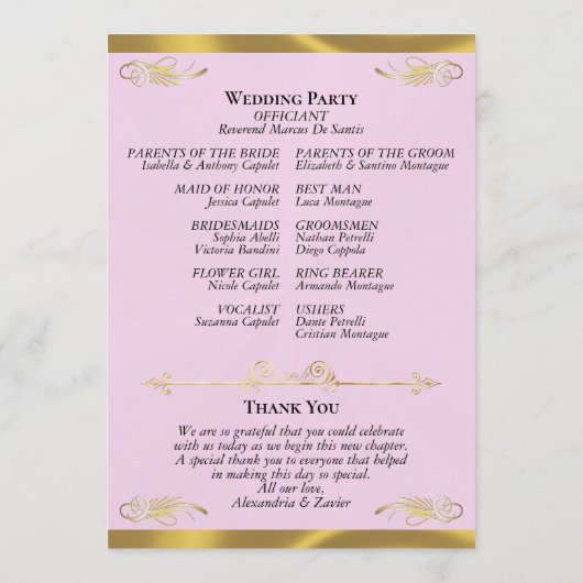Elegant Script - Roze Parel/Gouden Bruiloft Programmakaart (Achterkant)