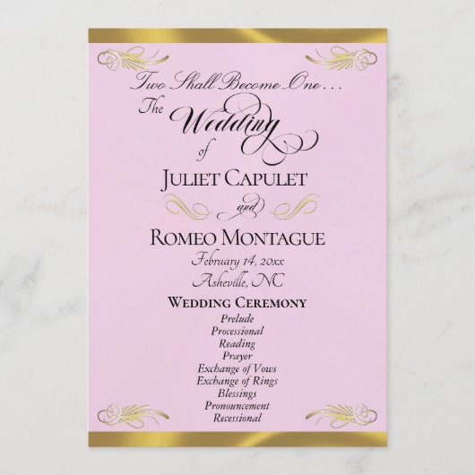 Elegant Script - Roze Parel/Gouden Bruiloft Programmakaart (Voorkant)