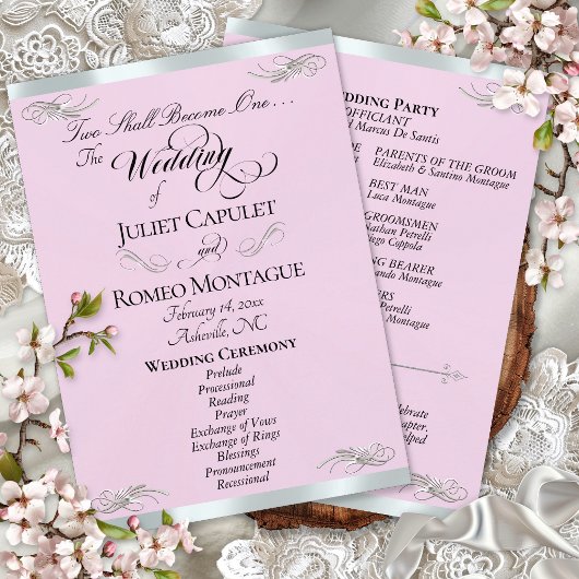 Elegant Script - Roze Parel/Zilveren Bruiloft Programmakaart