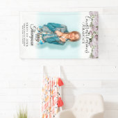 Elegant Script Roze Roses Floral Foto Afstuderen Spandoek (Insitu)