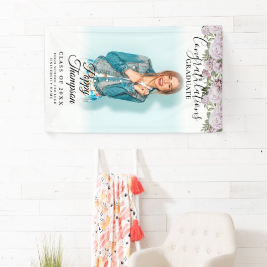 Elegant Script Roze Roses Floral Foto Afstuderen Spandoek (Insitu)