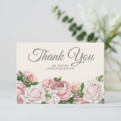 Elegant script roze rozen crème Weddenschap Bedank Bedankkaart (Staand voorkant)