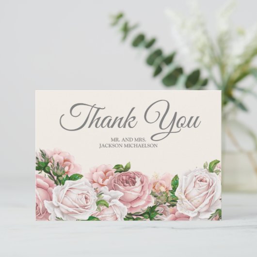 Elegant script roze rozen crème Weddenschap Bedank Bedankkaart (Staand voorkant)