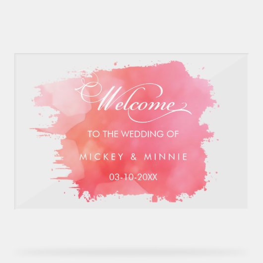 Elegant Script Roze Water Kleur Welkom bruiloft Acryl Bord (Voorkant)