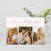 Elegant Script Roze White 3 Foto Collage Weddensch Bedankkaart (Staand voorkant)