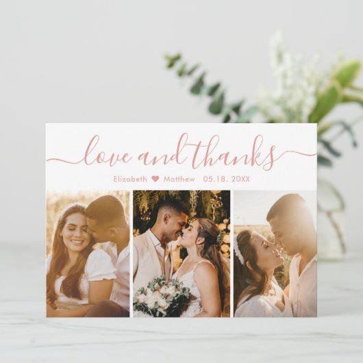 Elegant Script Roze White 3 Foto Collage Weddensch Bedankkaart (Staand voorkant)