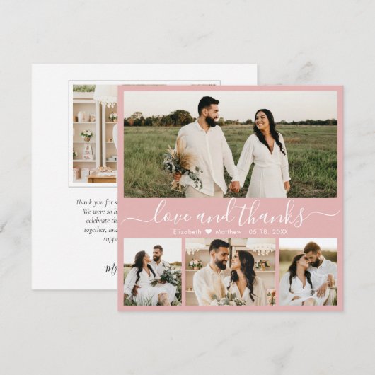 Elegant Script Roze White 4 Foto Collage Weddensch Bedankkaart (Voorkant / Achterkant)