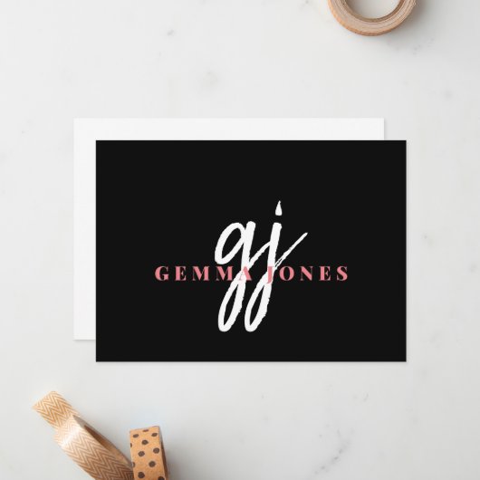 Elegant Script Roze Wit Monogram Initialen Naam Notitiekaartje (Voorkant / Achterkant in situ)