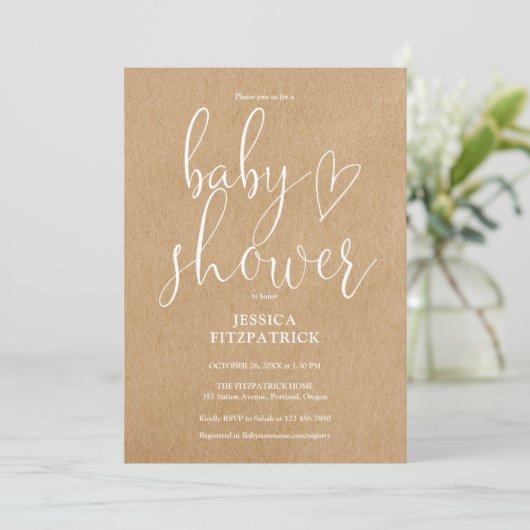 Elegant script Rustic Kraft alles in één Baby show Kaart (Staand voorkant)