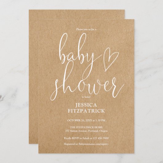 Elegant script Rustic Kraft alles in één Baby show Kaart (Voorkant / Achterkant)