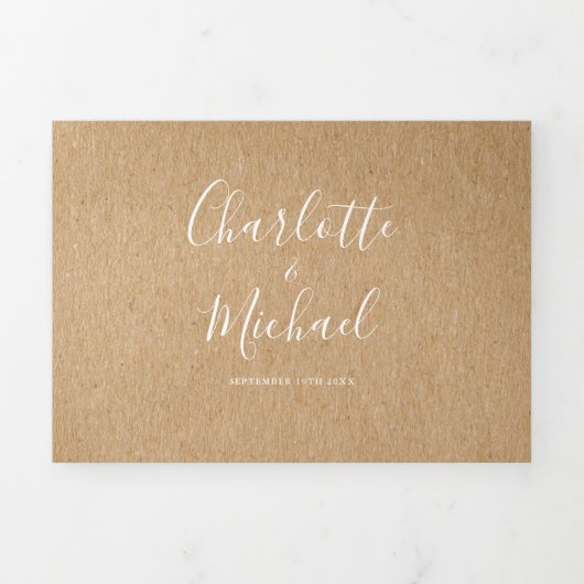 Elegant Script Rustic Kraft Photo Wedding Drieluik Uitnodiging (Cover)