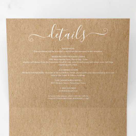 Elegant Script Rustic Kraft Photo Wedding Drieluik Uitnodiging (Binnenzijde eerst)