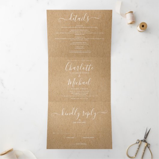 Elegant Script Rustic Kraft Photo Wedding Drieluik Uitnodiging (Binnen)