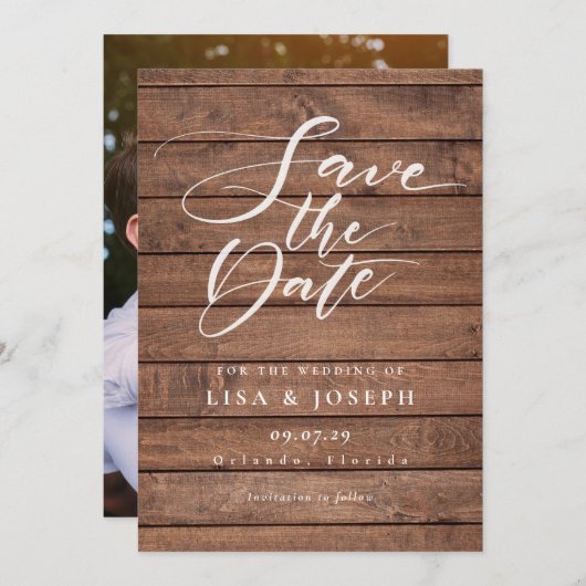 Elegant Script Rustic Wood Photo Wedding Save The Date (Voorkant / Achterkant)