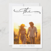 Elegant Script Rustieke Boho Sunset Fotobruiloft Save The Date (Voorkant)