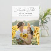Elegant Script Rustieke Zonnebloem Foto Boho Huwel Save The Date (Staand voorkant)