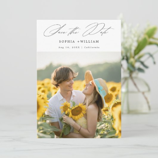 Elegant Script Rustieke Zonnebloem Foto Boho Huwel Save The Date (Staand voorkant)