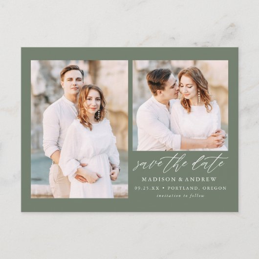 Elegant Script Sage Green 2 Foto Sla de datum op Aankondigingskaart (Voorkant)