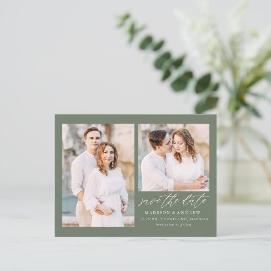 Elegant Script Sage Green 2 Foto Sla de datum op Aankondigingskaart (Staand voorkant)