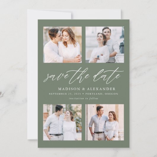 Elegant Script Sage Green 4 Fotocollage Save The Date (Voorkant)