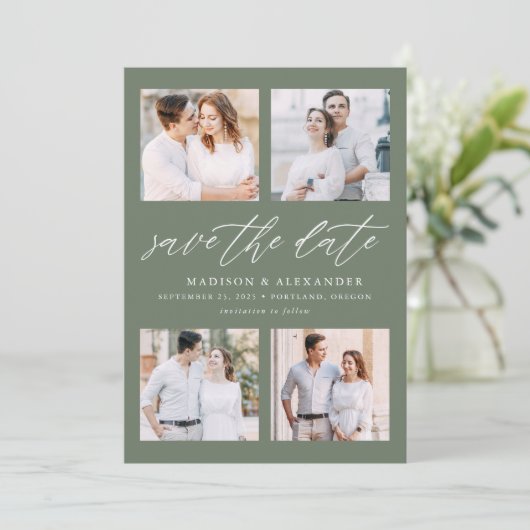 Elegant Script Sage Green 4 Fotocollage Save The Date (Staand voorkant)