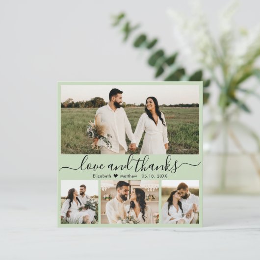 Elegant Script Sage Green 4 Photo Collage Wedding Bedankkaart (Staand voorkant)