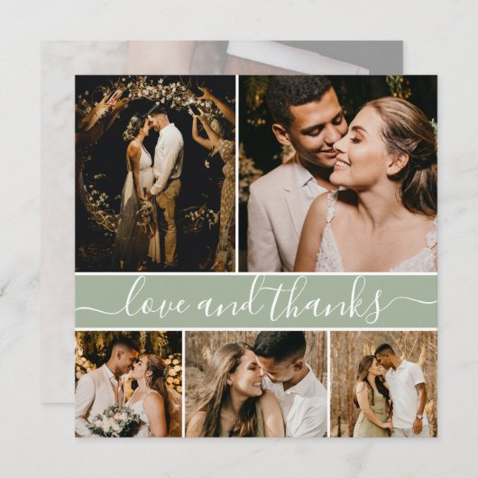 Elegant Script Sage Green 5 Photo Collage Wedding Bedankkaart (Voorkant / Achterkant)