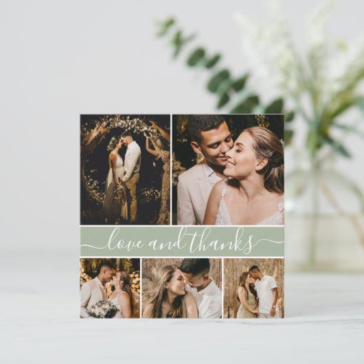 Elegant Script Sage Green 5 Photo Collage Wedding Bedankkaart (Staand voorkant)
