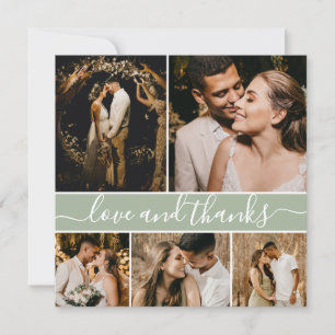 Elegant Script Sage Green 5 Photo Collage Wedding Bedankkaart