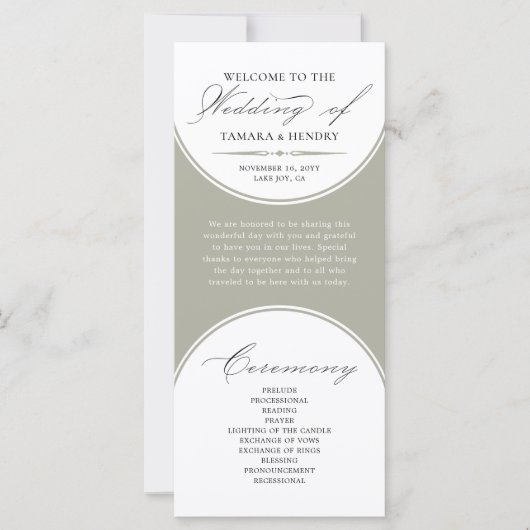 Elegant Script Sage Green Arch bruiloft programma (Voorkant)