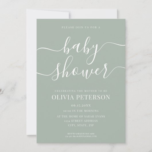 Elegant Script Sage Green Baby shower Kaart (Voorkant)