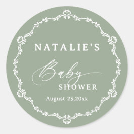 Elegant Script Sage Green Baby shower Ronde Sticker