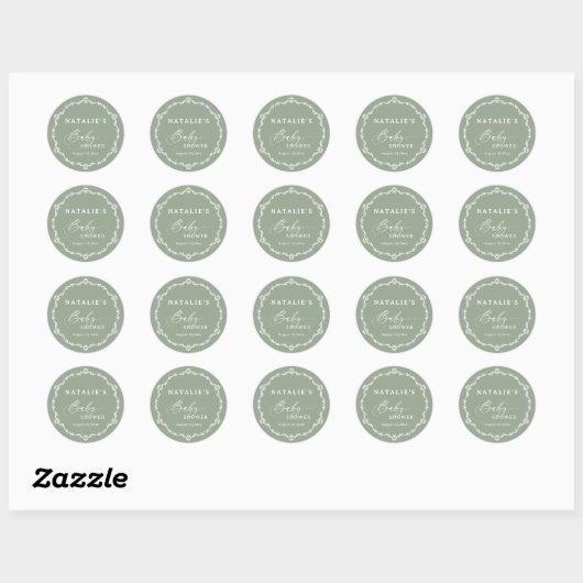 Elegant Script Sage Green Baby shower Ronde Sticker (Vel)