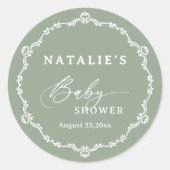 Elegant Script Sage Green Baby shower Ronde Sticker (Voorkant)