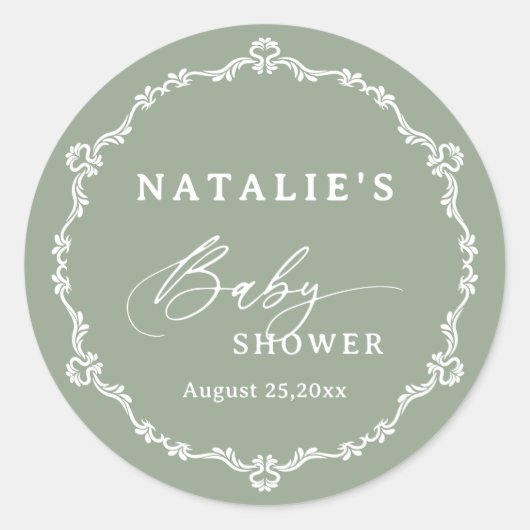 Elegant Script Sage Green Baby shower Ronde Sticker (Voorkant)