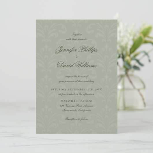 Elegant Script  Sage Green Damask Wedding Kaart (Staand voorkant)