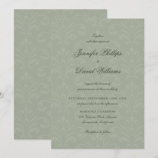 Elegant Script  Sage Green Damask Wedding Kaart (Voorkant / Achterkant)