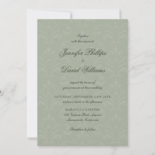 Elegant Script  Sage Green Damask Wedding Kaart