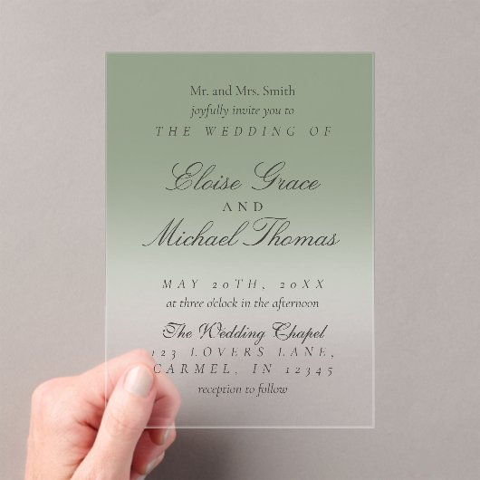 Elegant Script Sage Green Gradient Wedding Acryl Uitnodigingen (Insitu (Draagbaar))