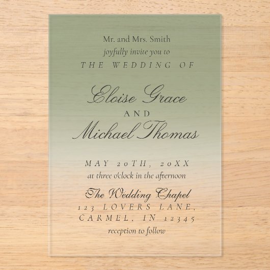 Elegant Script Sage Green Gradient Wedding Acryl Uitnodigingen (Voorkant)