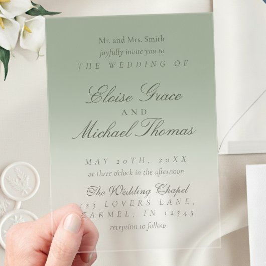 Elegant Script Sage Green Gradient Wedding Acryl Uitnodigingen