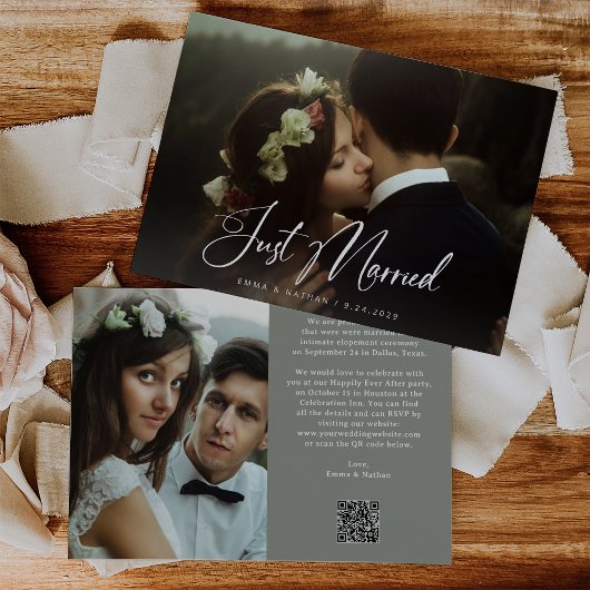 Elegant Script Sage Green | QR Code Just Married Kaart