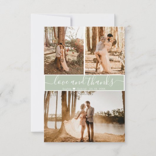 Elegant Script Sage Green Wedding 3 Foto Collage Bedankkaart (Voorkant)