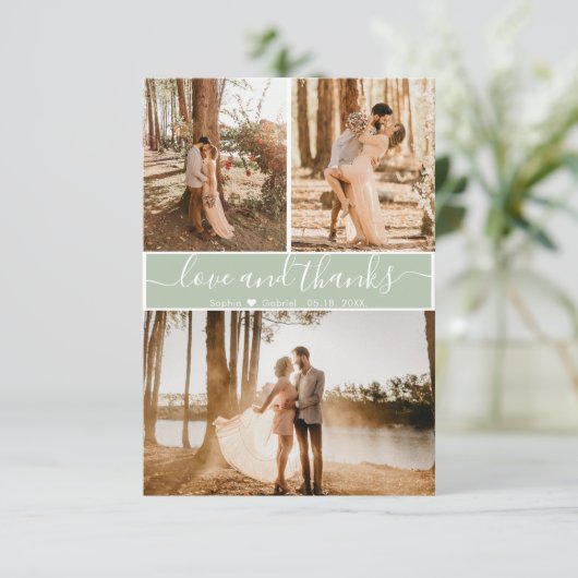 Elegant Script Sage Green Wedding 3 Foto Collage Bedankkaart (Staand voorkant)