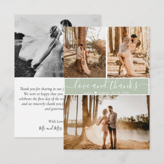 Elegant Script Sage Green Wedding 3 Foto Collage Bedankkaart (Voorkant / Achterkant)
