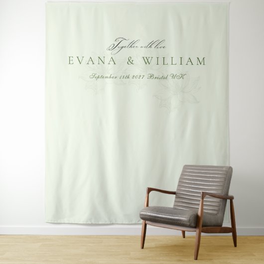 Elegant  script  Sage Green  wedding backdrop Wandkleed (In situ)