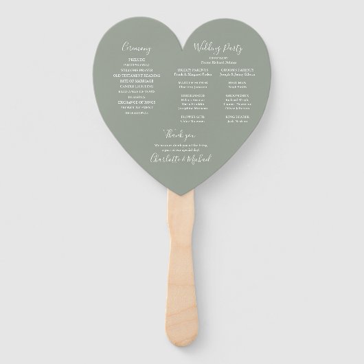 Elegant Script Sage Green Wedding Programma Hart Handwaaier (Achterkant)