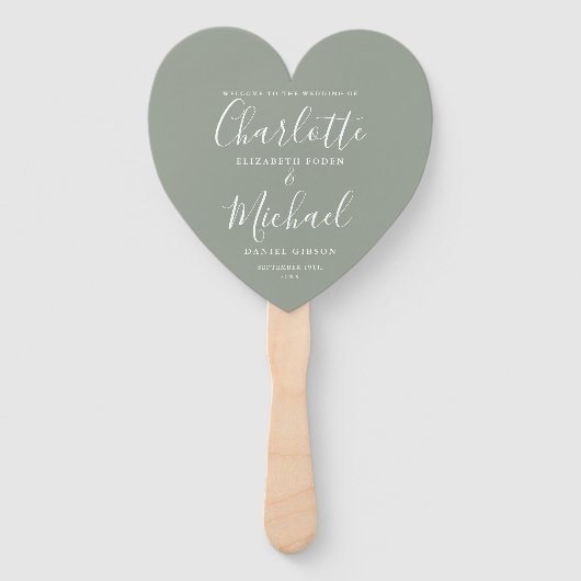 Elegant Script Sage Green Wedding Programma Hart Handwaaier (Voorkant)